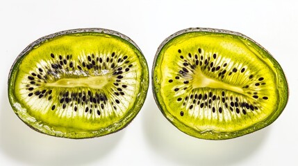 Fresh kiwi halves with vibrant green and black details, showcasing natural freshness and texture.
