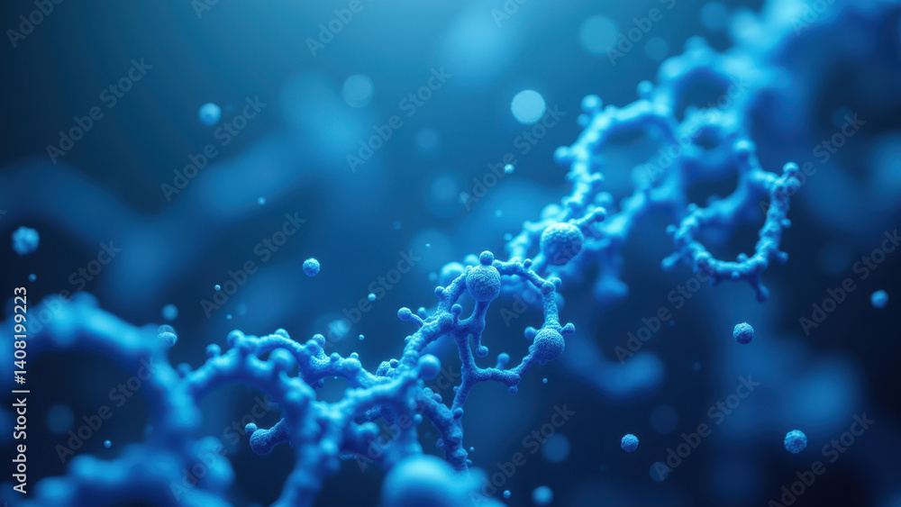 Poster close-up of a blue glp-1 molecule with blurred background to focus on its structure.