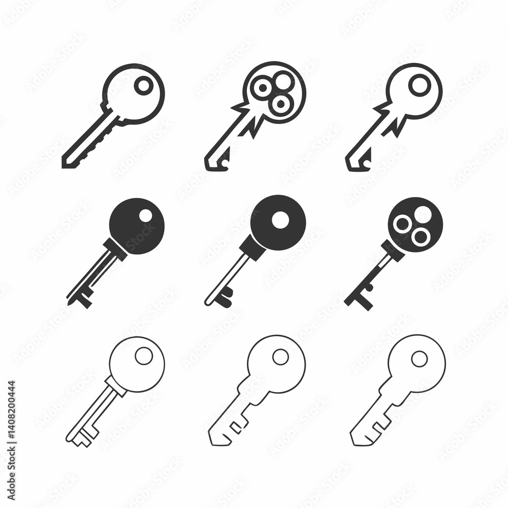 Poster a collection of classic key icons, showcasing simple yet versatile designs in both solid and outline