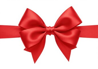 A vibrant red satin ribbon tied into a decorative bow isolated against a white background studio shot