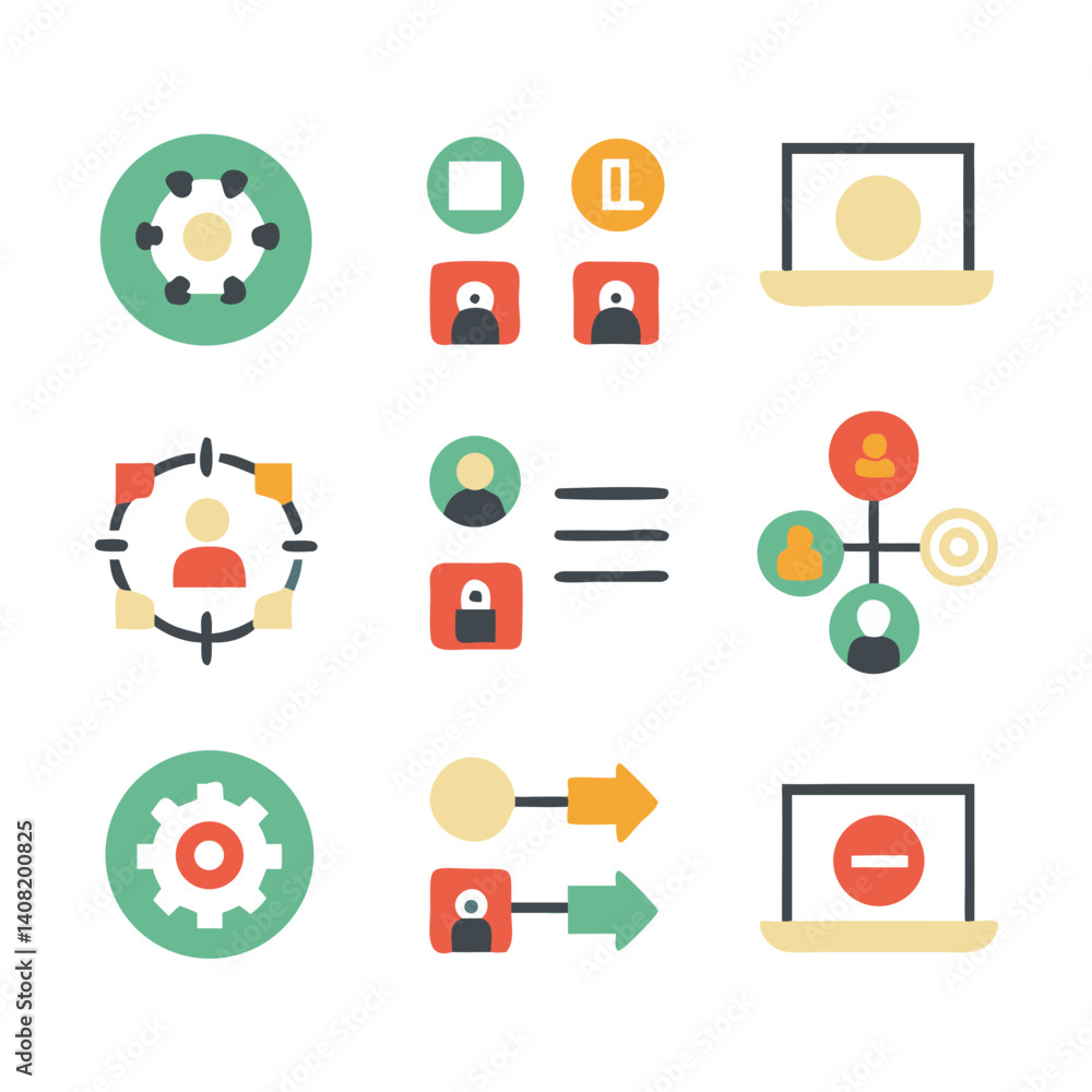 Poster a vibrant collection of hand-drawn icons depicting teamwork, user interface, network connections, an