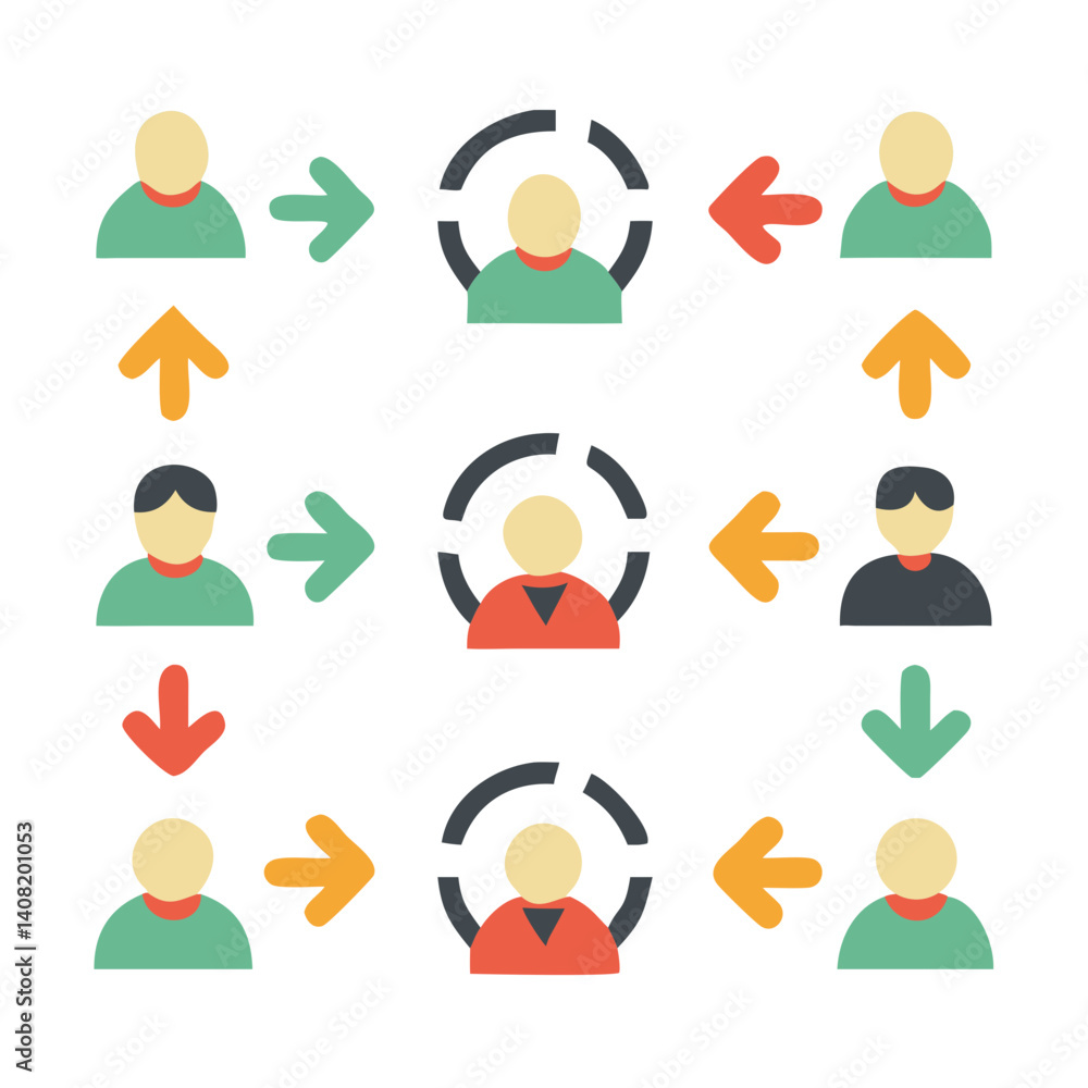 Poster a vibrant network of people connecting and sharing information, symbolized by colorful icons and dir