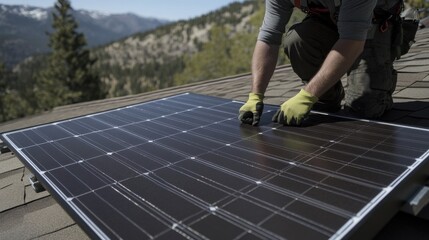 Roofing specialist installing solar panels on a residential home. Featuring innovation and sustainability