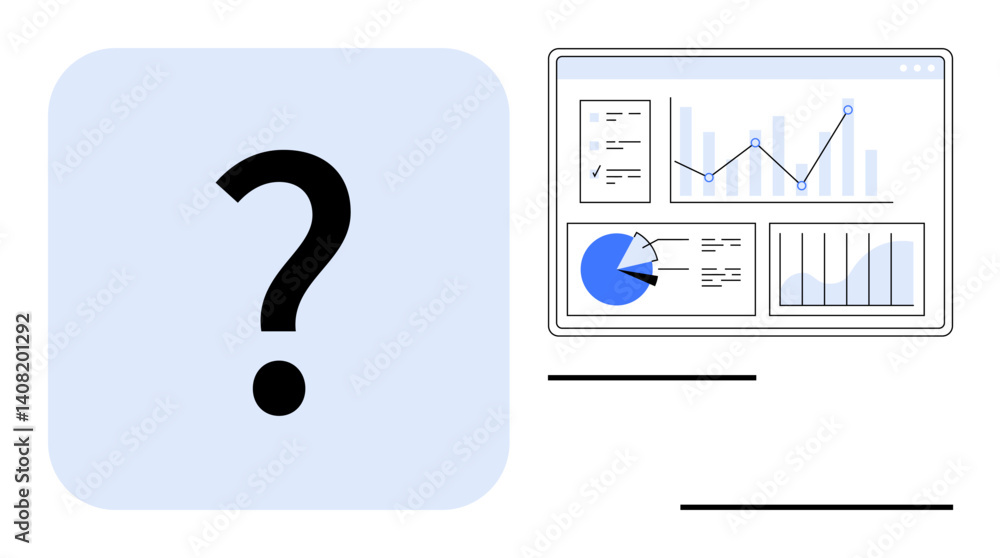 Poster question mark beside detailed dashboard with line graphs, bar charts, and pie chart. ideal for data 