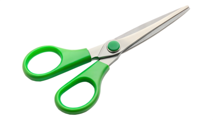 School scissors open, green handle isolated on white background PNG