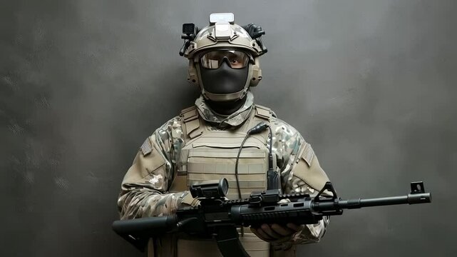 A well-equipped trooper stands strong, clad in tactical gear with a rifle in hand. The dim backdrop highlights the focus and determination for a mission.