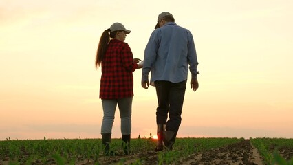 two farmers work field sunset, work tablet agriculture, hand sun farming farm employee, business...