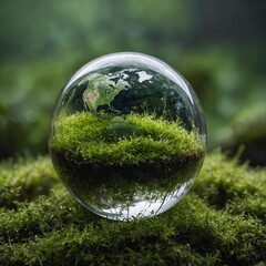 Close-up of a glass Earth on fresh green moss, echoing themes of clean earth and ecology.