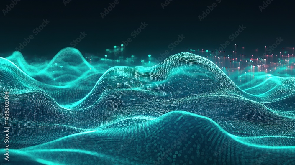 Poster cascading layers of glowing glassy waveforms