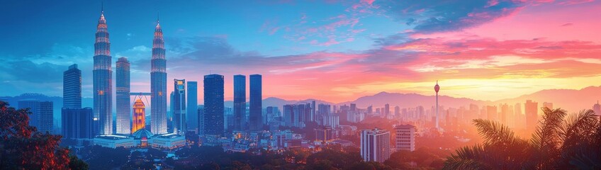 Fototapeta premium Kuala Lumpur Skyline at Sunset Panoramic Composition, Vibrant Colors, Cityscape Photography, Malaysia Malaysia, Kuala Lumpur