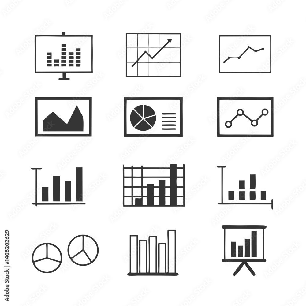 Poster a collection of hand-drawn data charts and graphs illustrating business analytics and progress, show