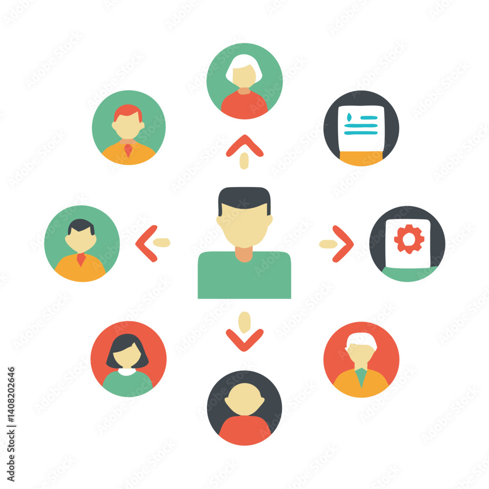 Poster a central figure connects diverse team members, sharing documents and coordinating tasks, symbolizin