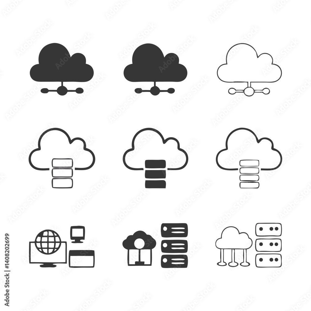 Poster a diverse collection of cloud computing icons showcasing network connections, data storage, and serv