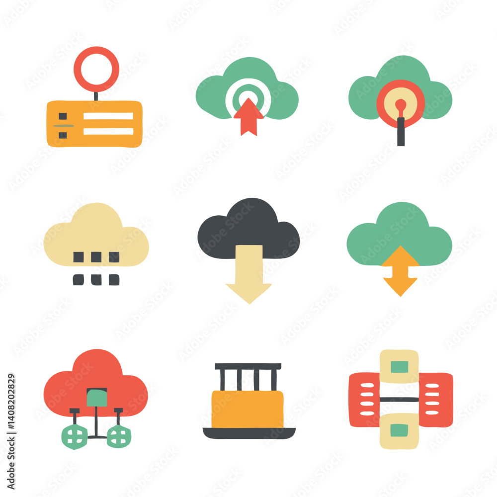 Poster a playful collection of cloud computing icons depicting data upload, download, and network sharing i