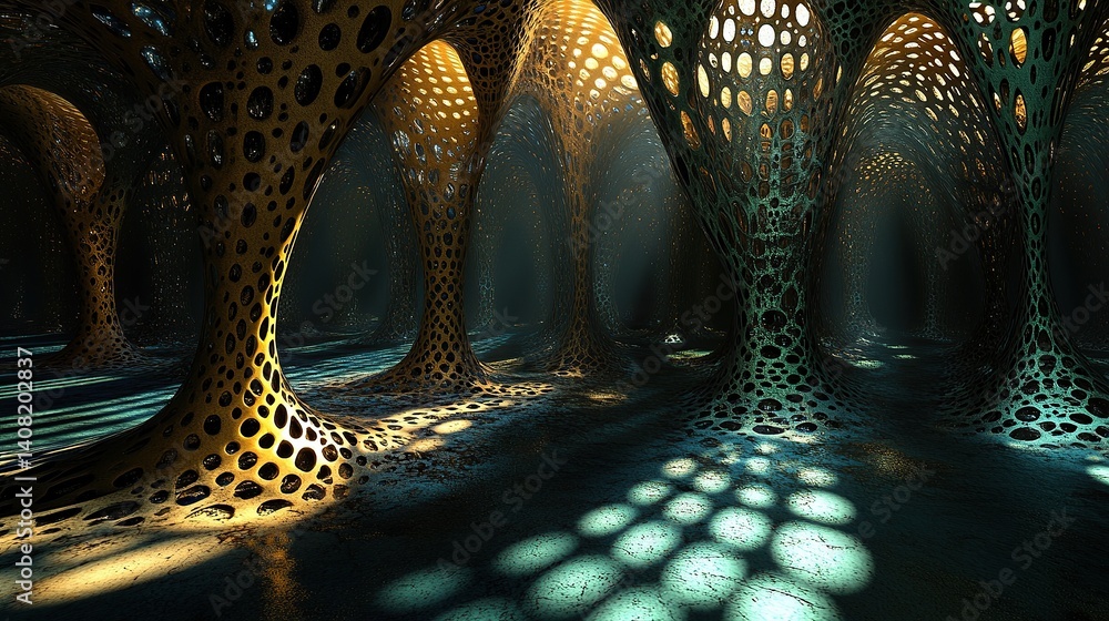 Poster compact lattice structures illuminated delicately while casting sharp shadows on glowing pools of di