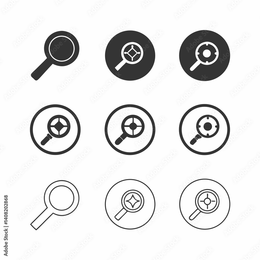 Poster a set of magnifying glass icons exploring different search styles with simple line art and solid fil