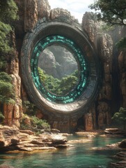 Cinematic view of the Stargate surrounded by lush greenery and water in a mesmerizing alien landscape Generative AI