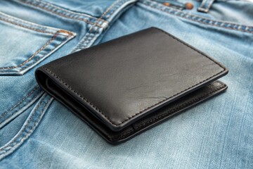 black leather wallet on denim background