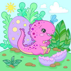 Little pink cartoon dinosaur and egg on the landscape background. For children's design of prints, posters, cards, stickers, puzzles, etc. Vector illustration