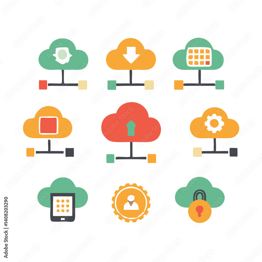 Poster a vibrant network of cloud computing icons showcasing data security, file transfer, and user access 