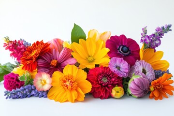 Obraz premium Arrangement of vibrant flowers featuring diverse colors and textures isolated on a white background