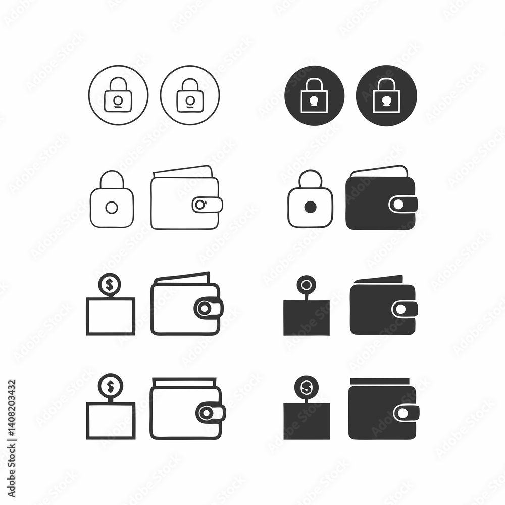 Poster secure online wallet icons: a comprehensive set of line and filled wallet icons paired with padlock 