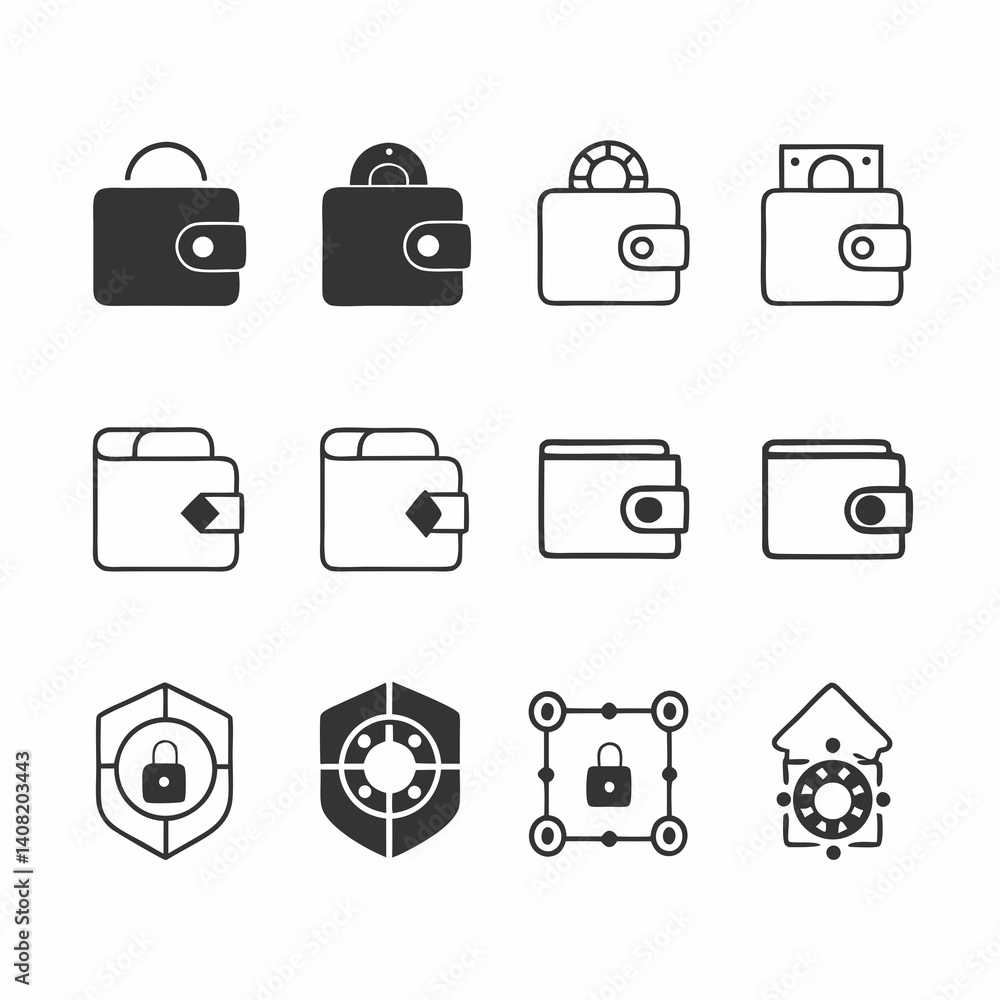Poster secure wallet icon set: a collection of diverse wallet icons showcasing different payment methods an