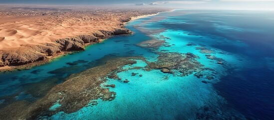 Obraz premium An aerial view of a coastline where turquoise ocean meets sandy desert symbolizes Earth’s diversity. Applications include travel campaigns, environmental studies, or photography exhibits.