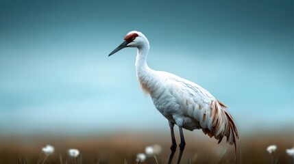 Obraz premium A serene image of a graceful white crane standing elegantly in a natural habitat, showcasing the bird’s captivating beauty against a calm, blue background.