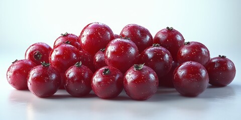 Fresh red berries stacked together on a white surface with water droplets glistening under soft light