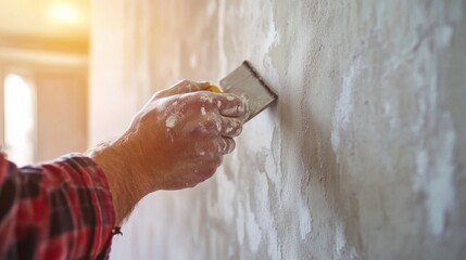 Painter prepping the surface of a wall before painting in a modern home. Featuring attention to detail and preparation