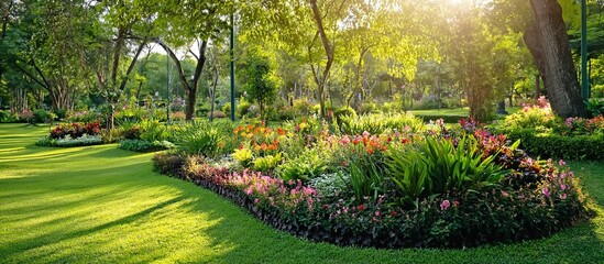 Obraz premium A lush garden with blooming flowers, manicured grass, and shaded trees represents natural harmony. Applications include gardening guides, wellness retreats, or landscape photography.
