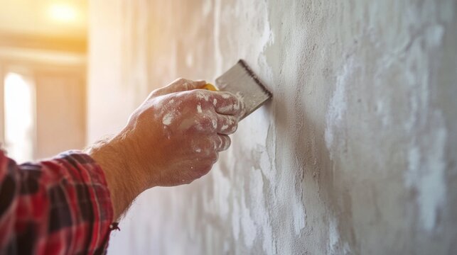 Painter prepping the surface of a wall before painting in a modern home. Featuring attention to detail and preparation