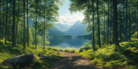Beautiful tranquil lake surrounded by lush green forest and majestic mountains under a clear sky during the day