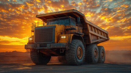 A Large Dump Truck Sits Underneath A Fiery Sky