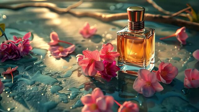 A bottle of perfume is on a table next to a bunch of pink flowers. The flowers are scattered around the bottle, creating a beautiful and elegant display. Concept of luxury and sophistication