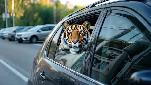 A tiger is sitting in a car window. The tiger is looking out the window and he is curious about the outside world. The scene is set in a city with many cars parked along the street