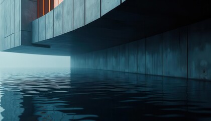 Fototapeta premium Modern architectural design with cantilevered concrete and metal structure over water under cloudy sky