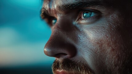 Obraz premium A close-up of a young man with a serious expression and intense gaze, showcasing raw emotions and the complexity of thoughts in his mind, amidst a blurred backdrop.