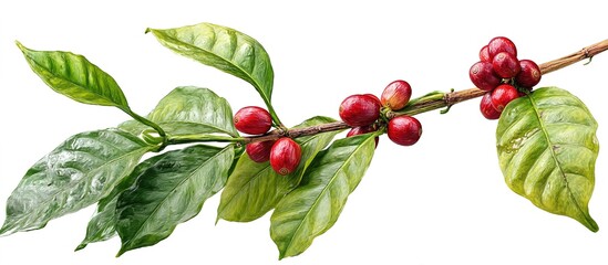 Fototapeta premium A coffee branch with green leaves and red cherries, symbolizing coffee cultivation. Used in agricultural education, café branding, or eco-friendly campaigns.