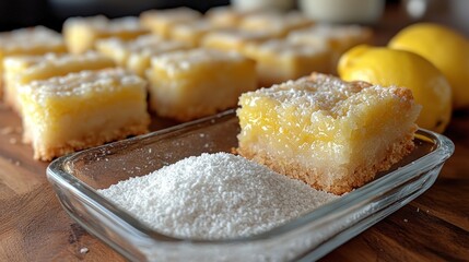 Erythritol crystals with coconut flour lemon bars and sugar-free glaze on a wooden table