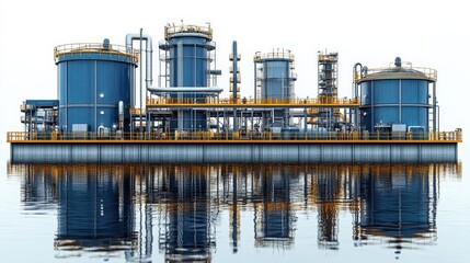 Fototapeta premium Industrial facility with large blue storage tanks reflecting on calm water under a clear sky