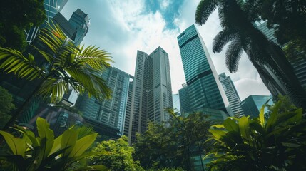 Cityscape view through lush greenery