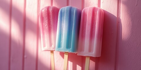 Colorful frozen treats stationed against a pastel pink wall during a warm summer day