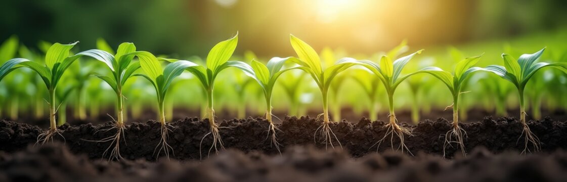 Young corn sprouts with roots in soil illuminated by sunlight. Fresh green plants, new life concept. Growing corn, agricultural theme, farming, gardening. Spring season, rural landscape, harvest.