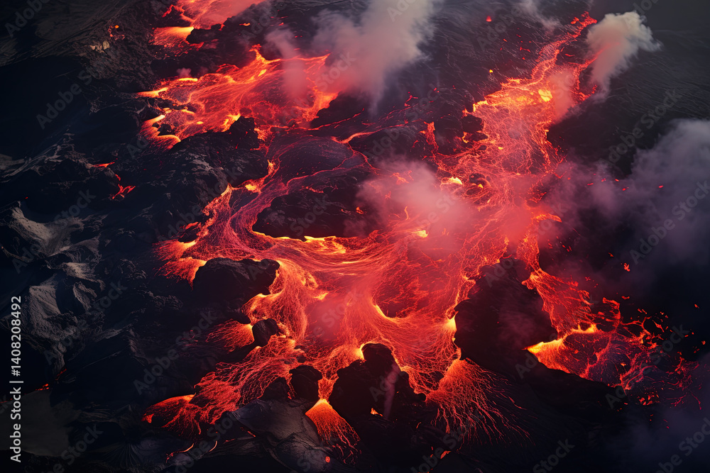 Sticker volcano eruption from a bird view. volcano crater and magma flow shot from above. genertated ai.