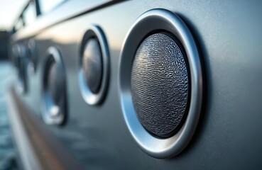Stylish speakers built into hull of luxury yacht. Modern round speakers, acoustic audio system, entertainment design. Powerful high fidelity sound equipment for music, talk, interior yacht decor.