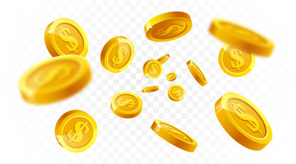 Golden coins explosion. Realistic flying gold coin splash, money rain with blurry motion effect. Treasure and earnings, saving and winning, jackpot casino 3D vector concept. Vector Illustration. © Cali6ro