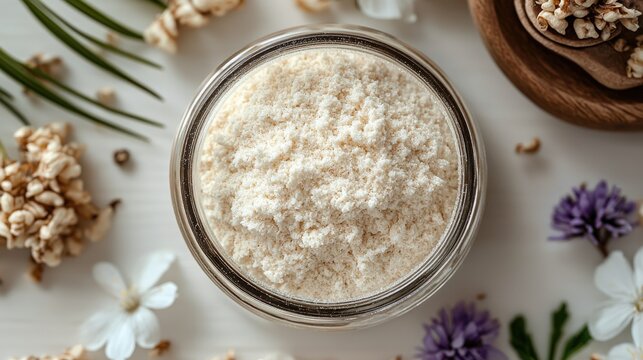 Chicory root fiber sweetener in a round transparent jar on a neutral background