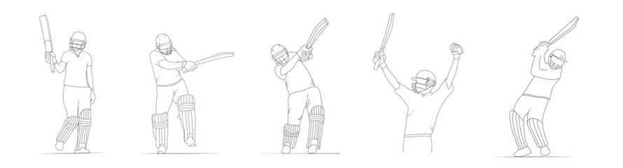 Batsman playing cricket one line art drawing illustrations, sketch of a cricket player, The set of cricket player silhouette, Doodle sketch drawing clip art of cricketer, Cricket action pose line art.